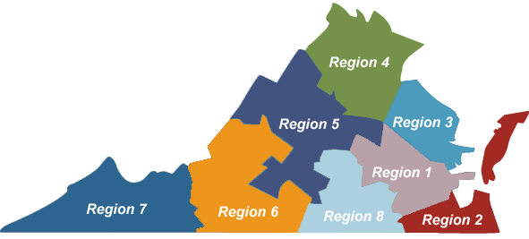 Map of Virginia divided into VDOE regions